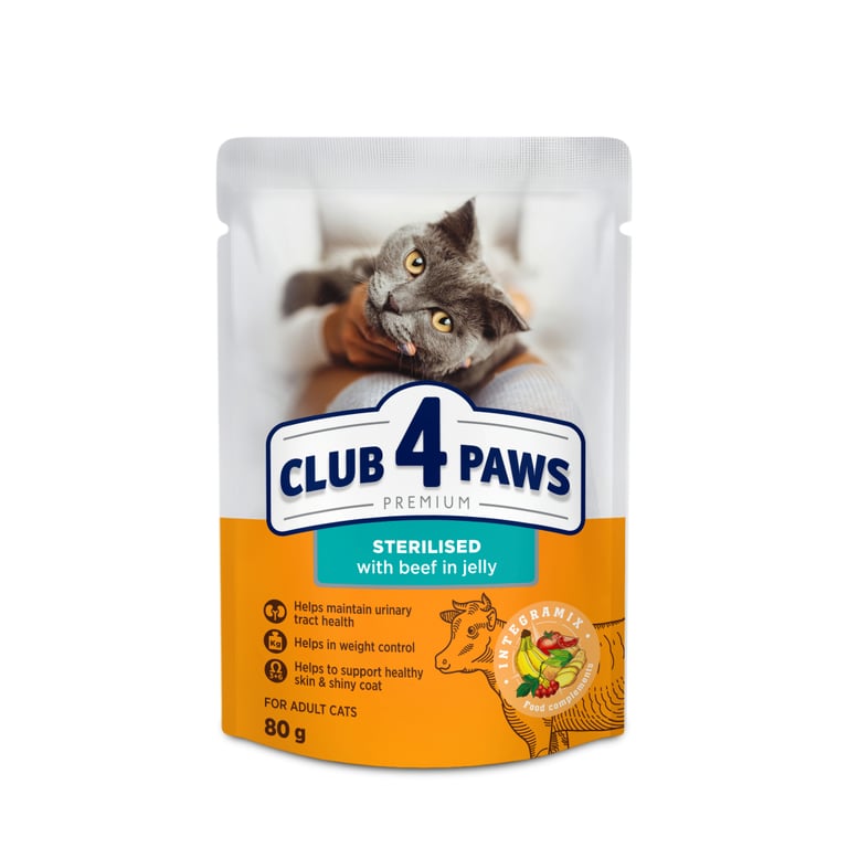 Вологий корм для кішок Club 4 Paws для стерилізованих з яловичиною в желе 80 г (4820215367585)