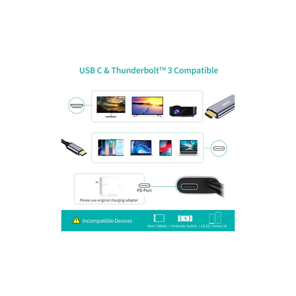 Кабель мультимедійний USB-C to HDMI M 1.8m 4K60Hz Choetech (XCH-M180GY) - фото 4 Кабель мультимедійний USB-C to HDMI M 1.8m 4K60Hz Choetech (XCH-M180GY) - фото 4