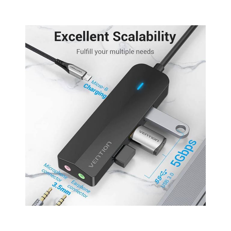 Концентратор Vention USB 3.1 Type-C to 3xUSB 3.0+MicroUSB+3.5mm Sound Adapter black (TGQBB) - фото 3