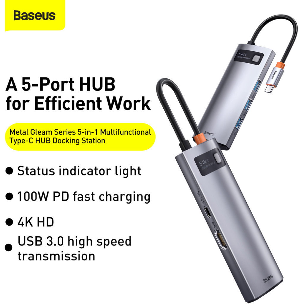 Концентратор Baseus USB3.1 Type-C to USB Type C PD 100W/HDMI 4K 60 Hz/3*USB 3.2 Gen1/ 5in1 (CAHUB-CX0G) - фото 4 Концентратор Baseus USB3.1 Type-C to USB Type C PD 100W/HDMI 4K 60 Hz/3*USB 3.2 Gen1/ 5in1 (CAHUB-CX0G) - фото 4