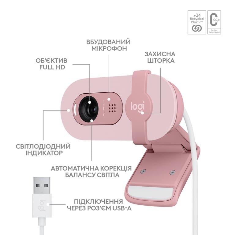 Веб-камера Logitech Brio 100 Full HD Rose (960-001623) - фото 6