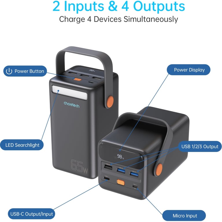Батарея універсальна Choetech 50000mAh, PD/3.0/65W, QC/3.0/18W, USB-C, 3*USB-A, mirco USB, LED Light (B664-CCBE) - фото 4