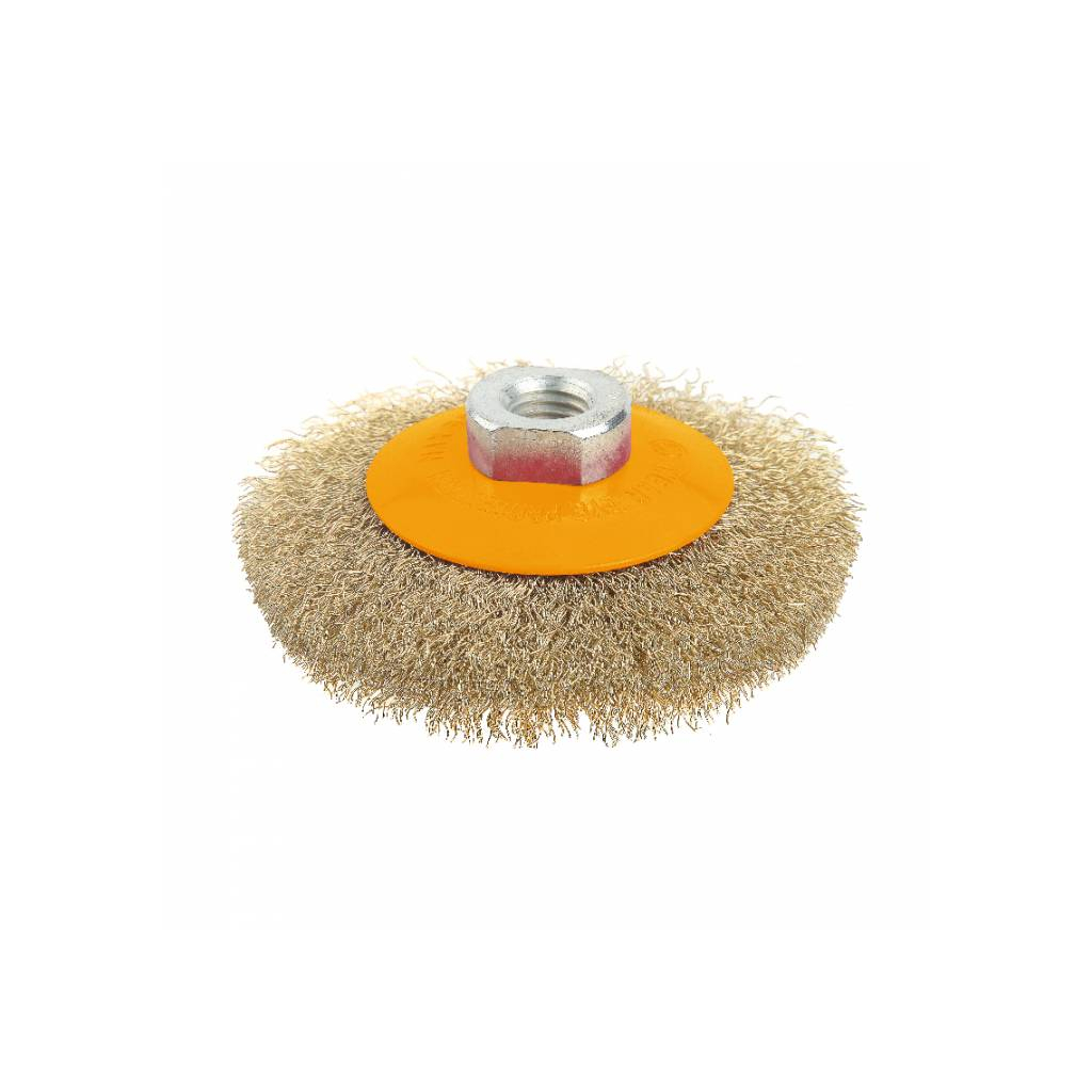 Щітка для електроінструменту Tolsen конічна 100 мм М14, гофрований латунований дріт 0.3 мм (77627) - фото 1