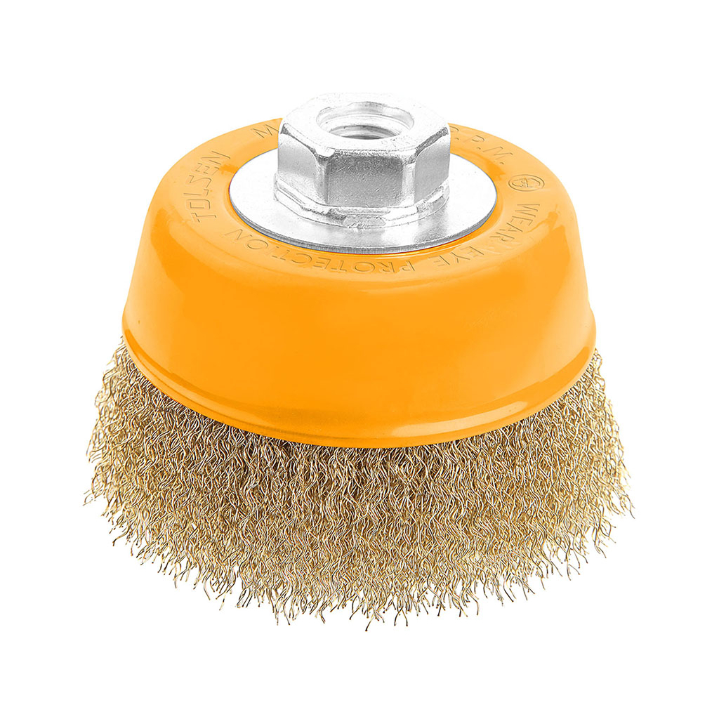 Щітка для електроінструменту Tolsen чашка 75 мм М14, гофрований латунований дріт 0.3 мм (77601) - фото 1