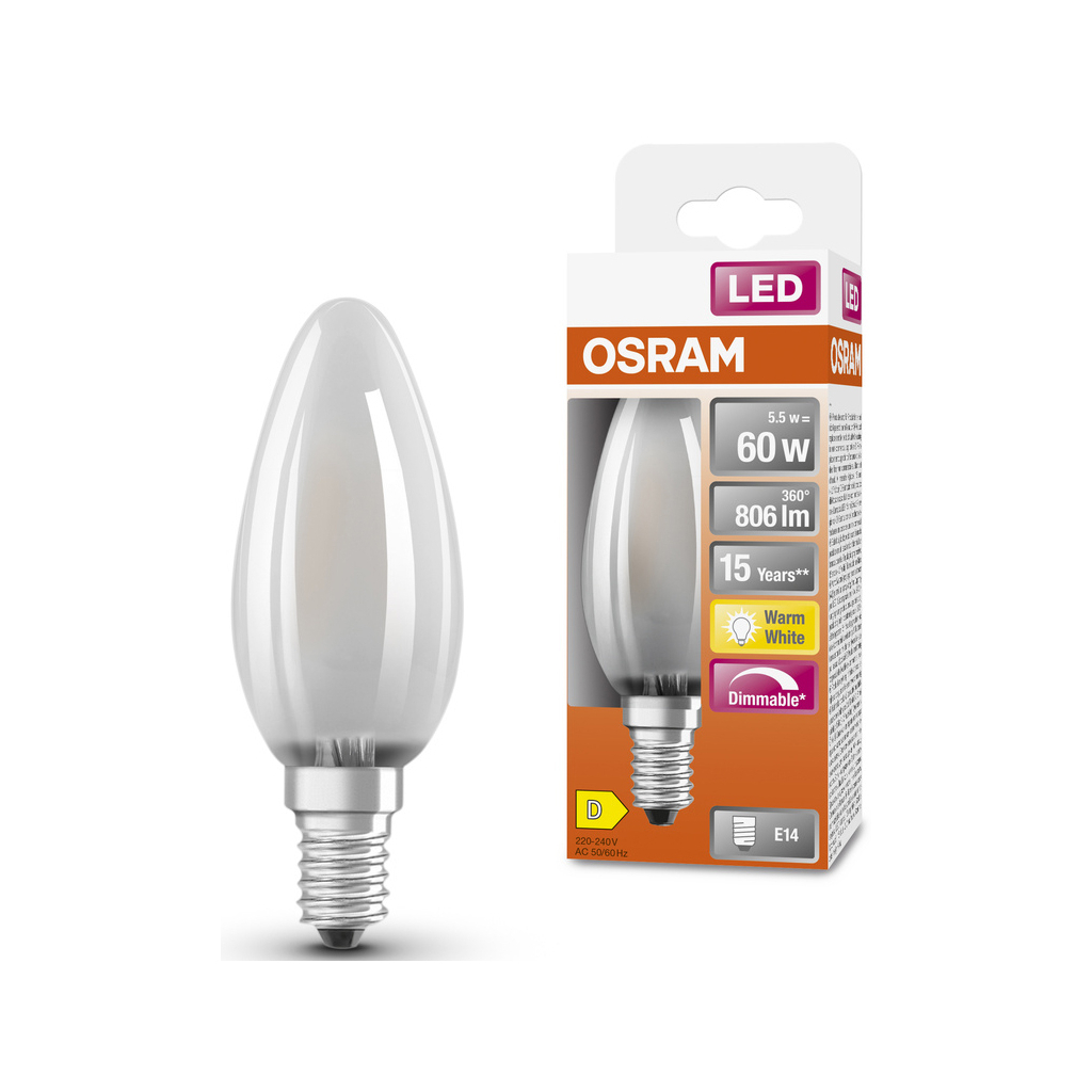 Лампочка Osram LED CL B60 DIM 6,5W/827 230V GL FR E14 (4058075434486) - фото 2 Лампочка Osram LED CL B60 DIM 6,5W/827 230V GL FR E14 (4058075434486) - фото 2