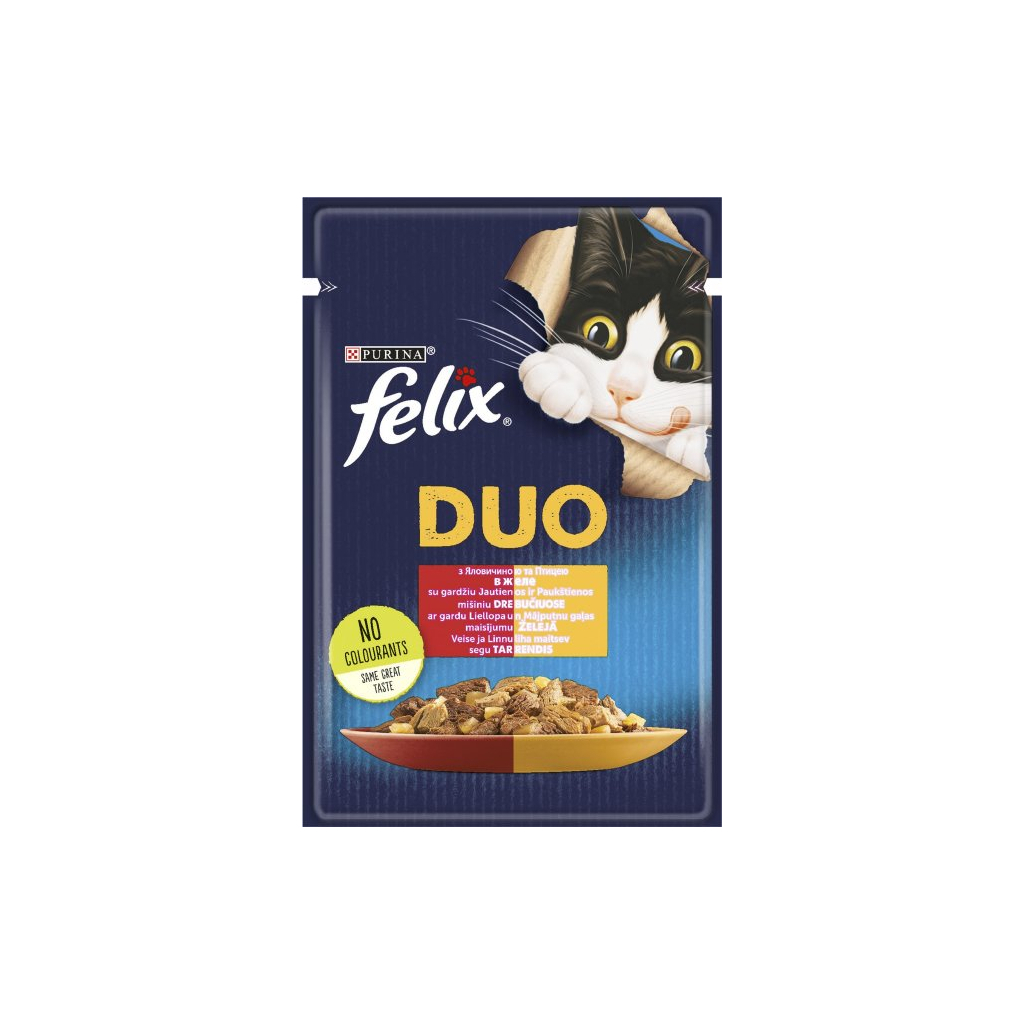 Вологий корм для кішок Purina Felix Fantastic Duo з яловичиною та птицею шматочки в желе 85 г (7613287027597) - фото 1 Вологий корм для кішок Purina Felix Fantastic Duo з яловичиною та птицею шматочки в желе 85 г (7613287027597) - фото 1