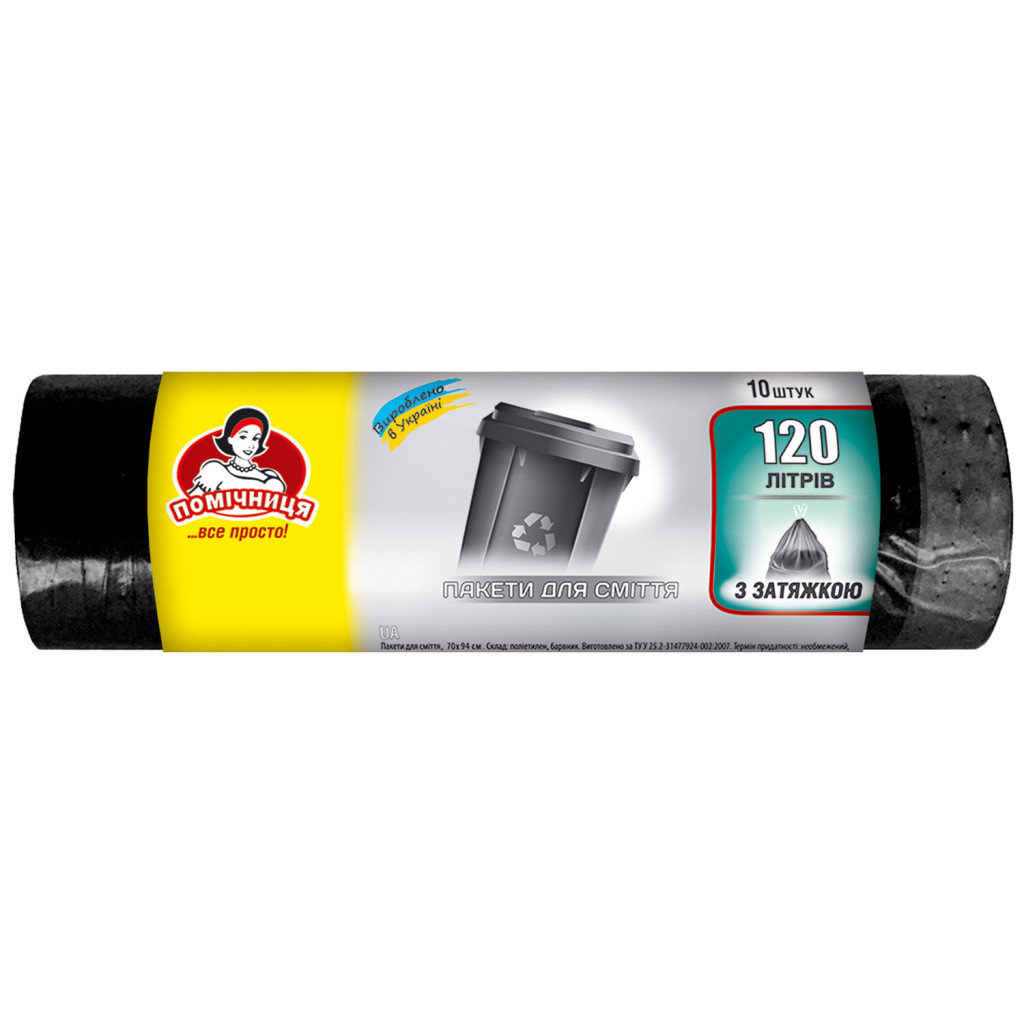 Пакети для сміття Помічниця З затяжками LDPE 106 х 70 см 120 л 10 шт. (4820164961247) Пакети для сміття Помічниця З затяжками LDPE 106 х 70 см 120 л 10 шт. (4820164961247)