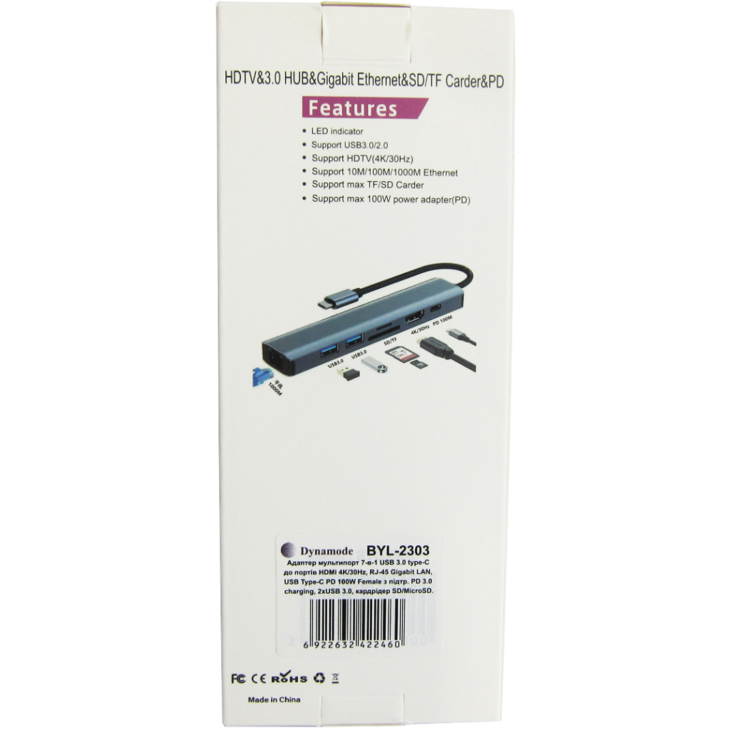 Концентратор Dynamode 7-in-1 USB-C to HDTV 4K/30Hz, 2хUSB3.0, RJ45, USB-C PD 100W, SD/MicroSD (BYL-2303) - фото 4 Концентратор Dynamode 7-in-1 USB-C to HDTV 4K/30Hz, 2хUSB3.0, RJ45, USB-C PD 100W, SD/MicroSD (BYL-2303) - фото 4