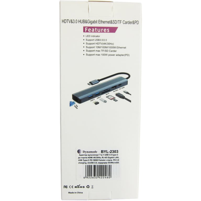 Концентратор Dynamode 7-in-1 USB-C to HDTV 4K/30Hz, 2хUSB3.0, RJ45, USB-C PD 100W, SD/MicroSD (BYL-2303) - фото 4