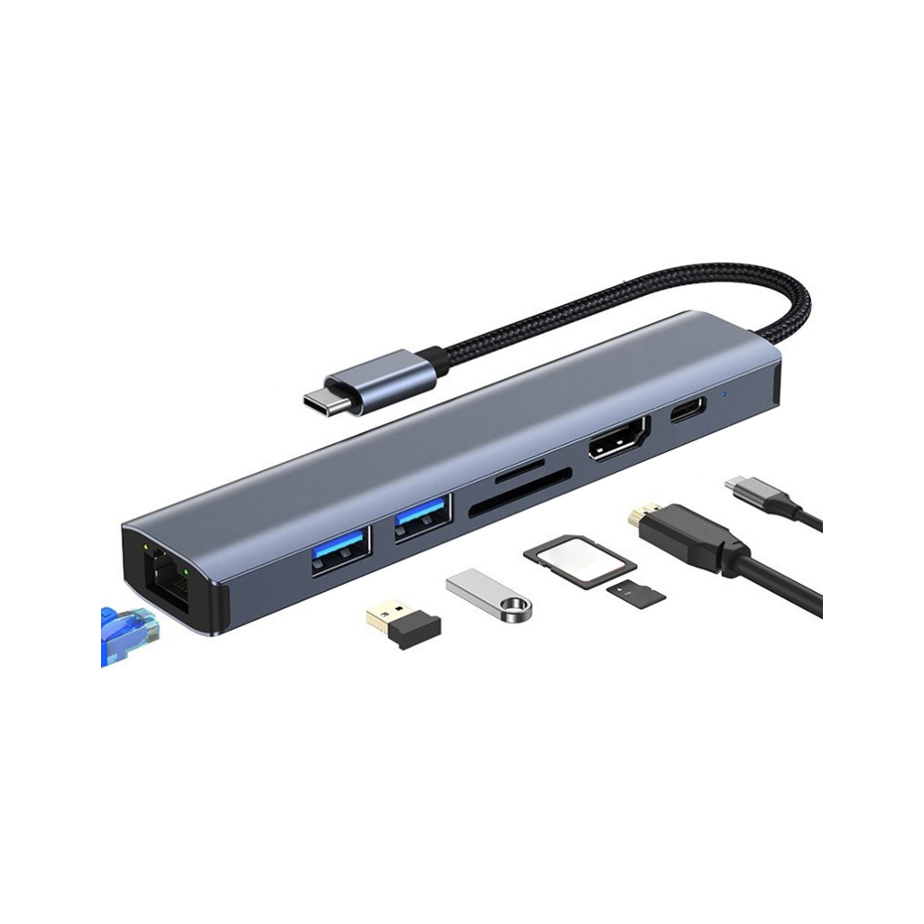 Концентратор Dynamode 7-in-1 USB-C to HDTV 4K/30Hz, 2хUSB3.0, RJ45, USB-C PD 100W, SD/MicroSD (BYL-2303) - фото 2 Концентратор Dynamode 7-in-1 USB-C to HDTV 4K/30Hz, 2хUSB3.0, RJ45, USB-C PD 100W, SD/MicroSD (BYL-2303) - фото 2