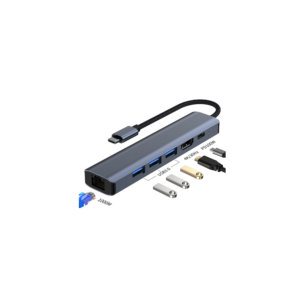 Концентратор Dynamode 7-in-1 USB-C to HDTV 4K/30Hz, 2хUSB3.0, RJ45, USB-C PD 100W, SD/MicroSD (BYL-2303) - фото 3 Концентратор Dynamode 7-in-1 USB-C to HDTV 4K/30Hz, 2хUSB3.0, RJ45, USB-C PD 100W, SD/MicroSD (BYL-2303) - фото 3