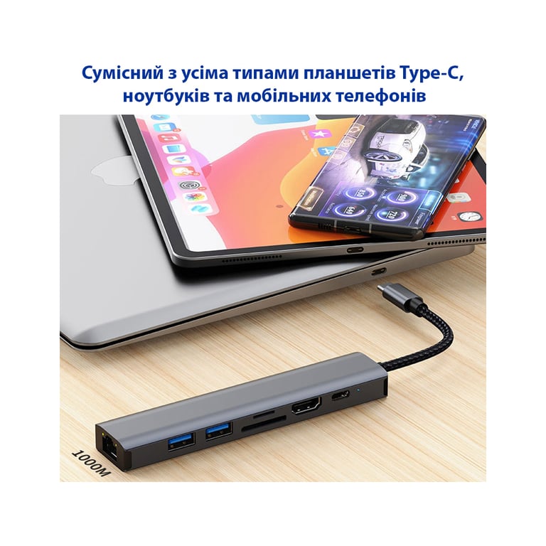 Концентратор Dynamode 7-in-1 USB-C to HDTV 4K/30Hz, 2хUSB3.0, RJ45, USB-C PD 100W, SD/MicroSD (BYL-2303) - фото 8