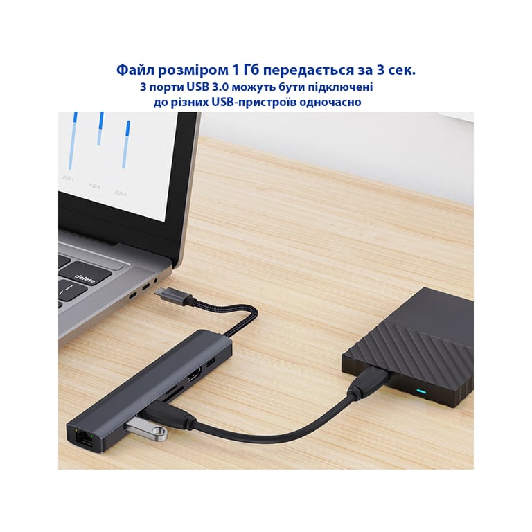 Концентратор Dynamode 7-in-1 USB-C to HDTV 4K/30Hz, 2хUSB3.0, RJ45, USB-C PD 100W, SD/MicroSD (BYL-2303) - фото 10