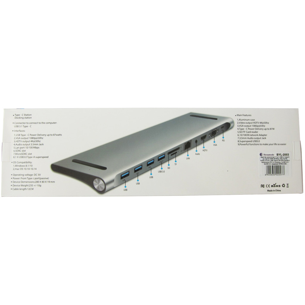 Порт-реплікатор Dynamode 11-in-1 USB-C to HDTV 4K/30Hz, VGA, 1хUSB3.0, RJ45, Type-C PD, Audio, SD/MicroSD (BYL-2003) - фото 11 Порт-реплікатор Dynamode 11-in-1 USB-C to HDTV 4K/30Hz, VGA, 1хUSB3.0, RJ45, Type-C PD, Audio, SD/MicroSD (BYL-2003) - фото 11