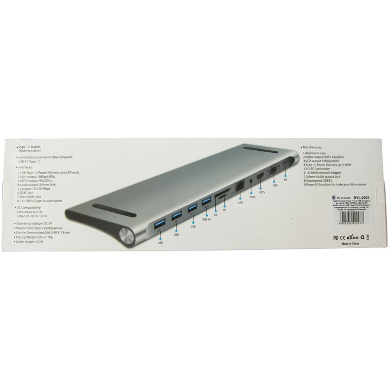 Порт-реплікатор Dynamode 11-in-1 USB-C to HDTV 4K/30Hz, VGA, 1хUSB3.0, RJ45, Type-C PD, Audio, SD/MicroSD (BYL-2003) - фото 11