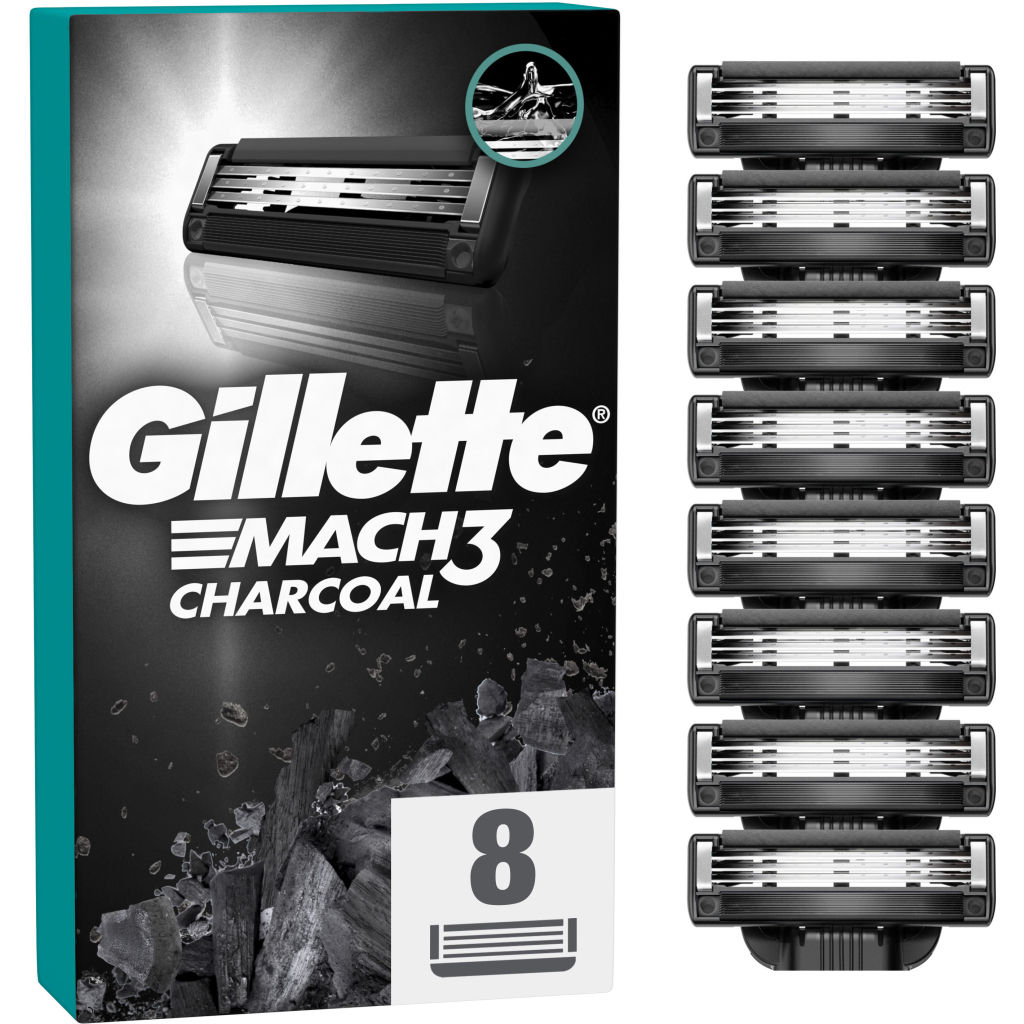 Змінні касети Gillette Mach3 Charcoal Деревне вугілля 8 шт. (8700216085472) - фото 1 Змінні касети Gillette Mach3 Charcoal Деревне вугілля 8 шт. (8700216085472) - фото 1