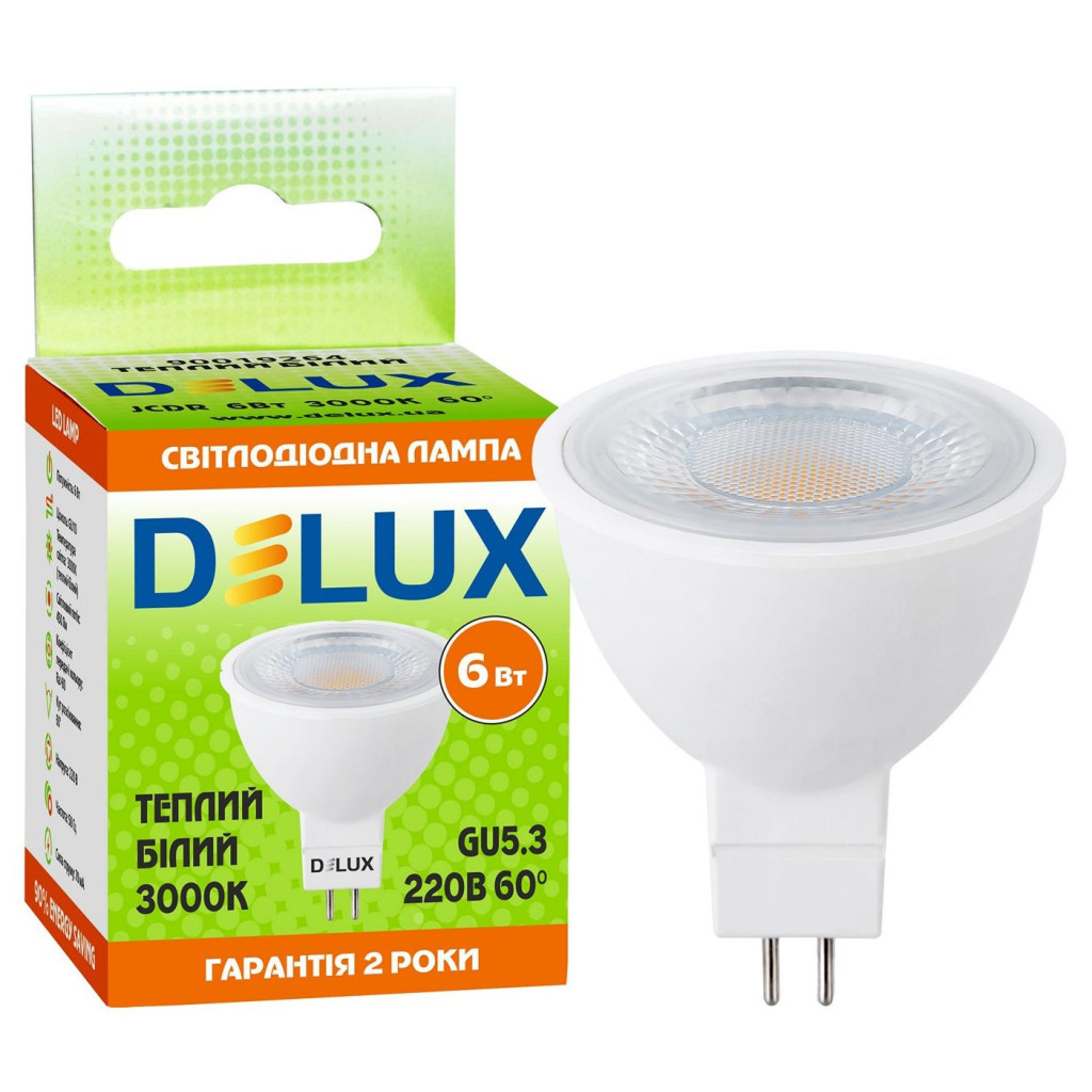 Лампочка Delux JCDR 6Вт 3000K 220В GU5.3 (90019264) - фото 3 Лампочка Delux JCDR 6Вт 3000K 220В GU5.3 (90019264) - фото 3