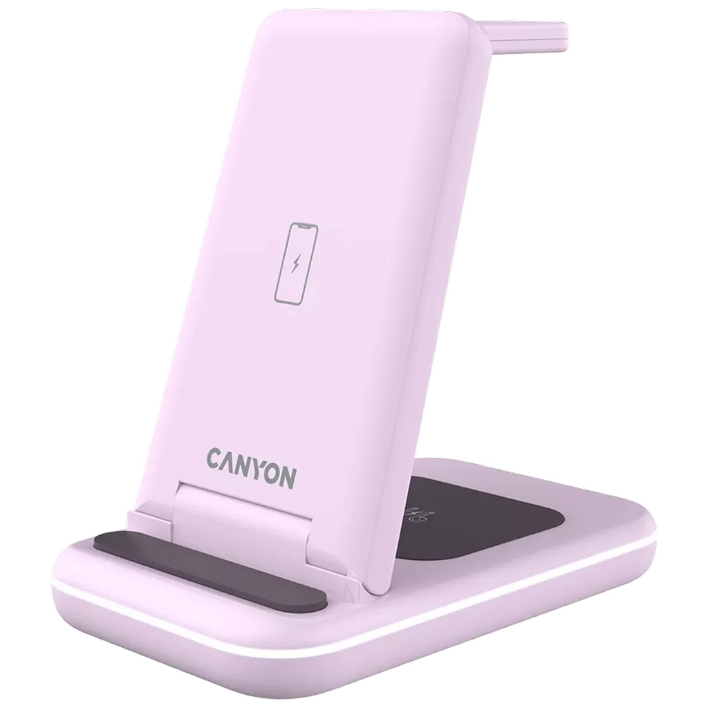 Зарядний пристрій Canyon WS-304 Foldable 3in1 Wireless charger Iced Pink (CNS-WCS304IP) - фото 1
