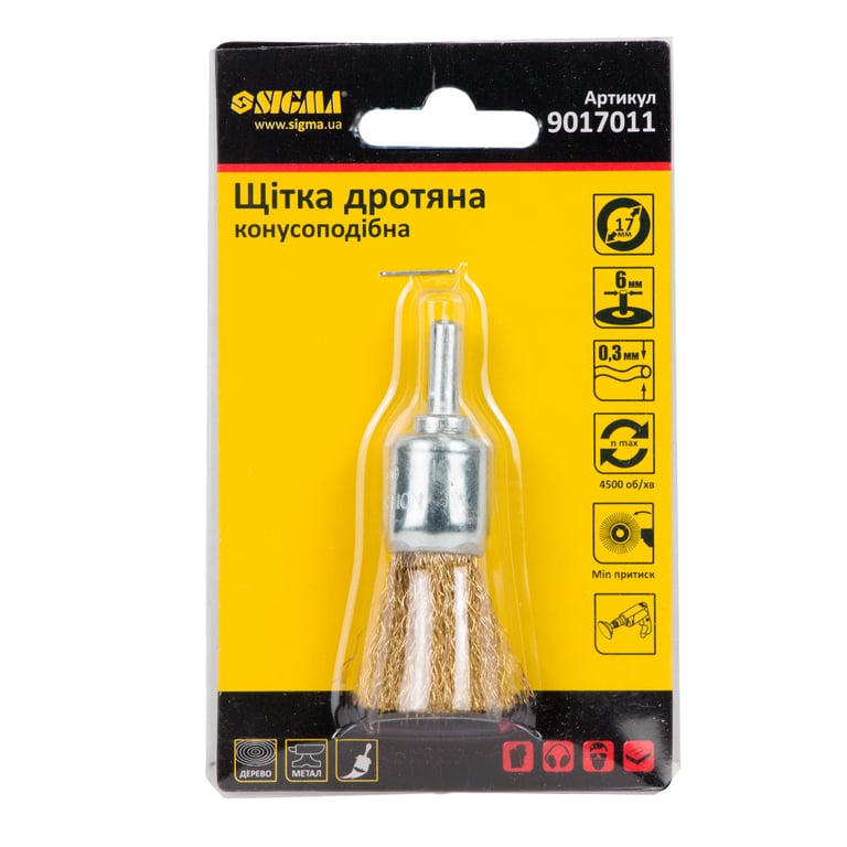Щітка для електроінструменту Sigma дротяна конусоподібна 17мм хвостовик 6мм латунированная 9017011 (9017011) - фото 2