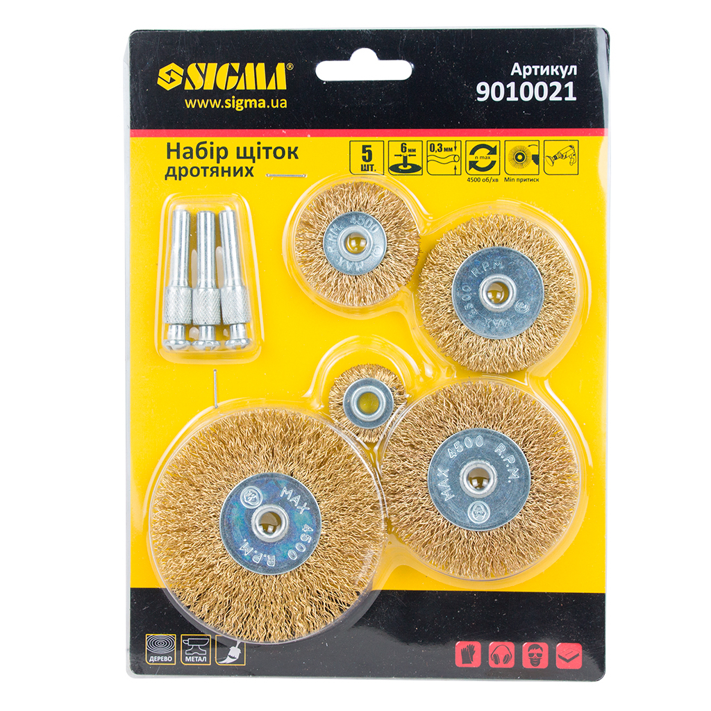 Щітка для електроінструменту Sigma набір 5шт, 25; 38; 50; 65; 75мм, хвостовик 6мм, латуновані (9010021) - фото 2 Щітка для електроінструменту Sigma набір 5шт, 25; 38; 50; 65; 75мм, хвостовик 6мм, латуновані (9010021) - фото 2