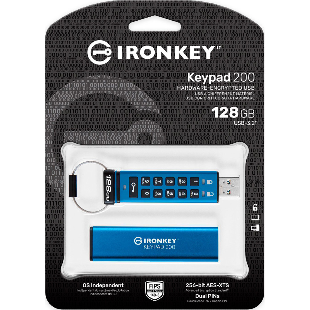 USB флеш накопичувач Kingston 128GB IronKey Keypad 200 AES-256 Encrypted Blue USB 3.2 (IKKP200/128GB) - фото 6 USB флеш накопичувач Kingston 128GB IronKey Keypad 200 AES-256 Encrypted Blue USB 3.2 (IKKP200/128GB) - фото 6
