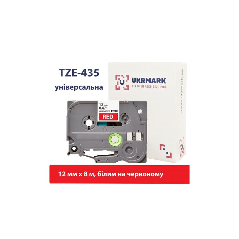 Стрічка для принтера етикеток UKRMARK B-T435P, ламінована, 12мм х 8м, white on red, аналог TZe435 (900784) - фото 1
