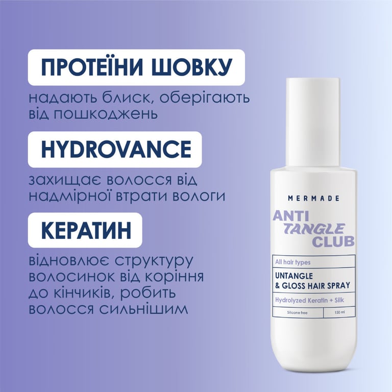 Спрей для волосся Mermade Hydrolyzed Keratin + Silk Кондиціонер для легкого розчісування 150 мл (4823122900173) - фото 3