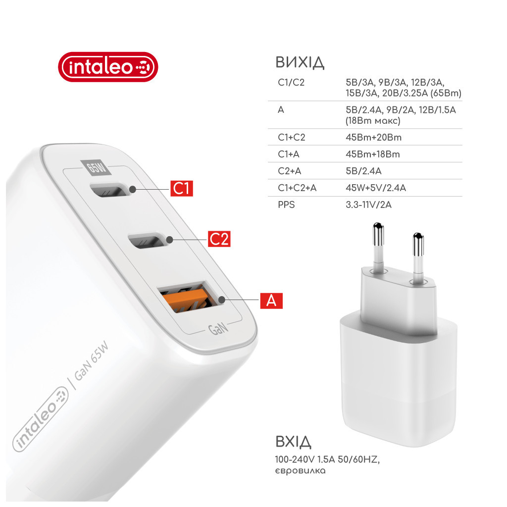 Зарядний пристрій Intaleo 65W GAN 2USB-C PD+USB-A QC 3.0 white (1283126559525) - фото 3 Зарядний пристрій Intaleo 65W GAN 2USB-C PD+USB-A QC 3.0 white (1283126559525) - фото 3