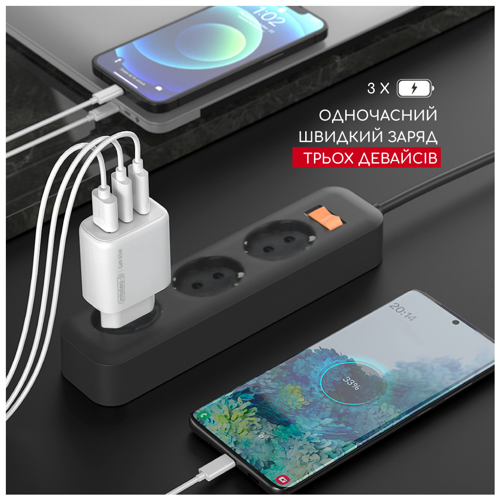 Зарядний пристрій Intaleo 65W GAN 2USB-C PD+USB-A QC 3.0 white (1283126559525) - фото 6 Зарядний пристрій Intaleo 65W GAN 2USB-C PD+USB-A QC 3.0 white (1283126559525) - фото 6