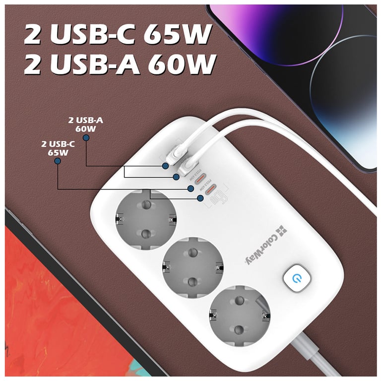 Мережевий фільтр живлення ColorWay CW-CHE34PDW 3 розетки/4USB (CW-CHE34PDW) - фото 11