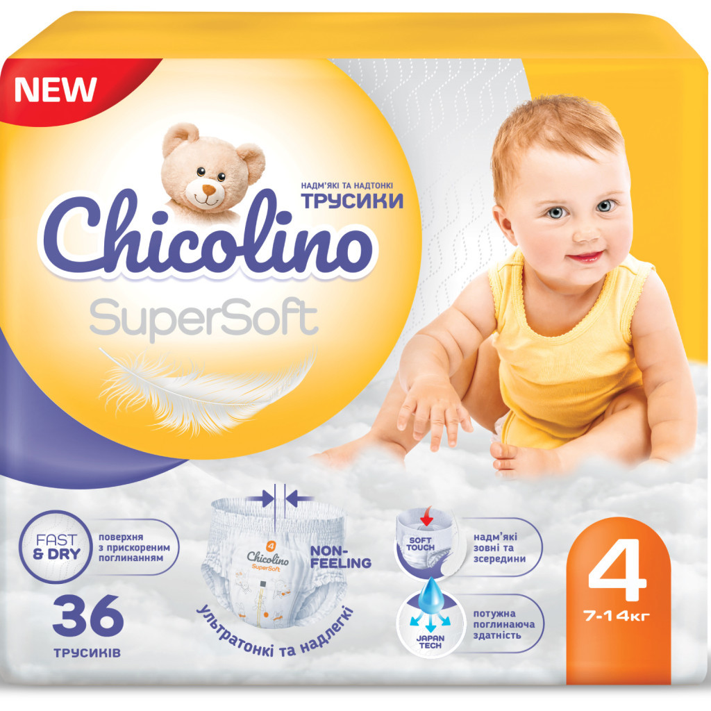 Підгузки Chicolino Super Soft Розмір 4 (7-14 кг) 36 шт, 4 Упаковки (4823098414650) - фото 1
