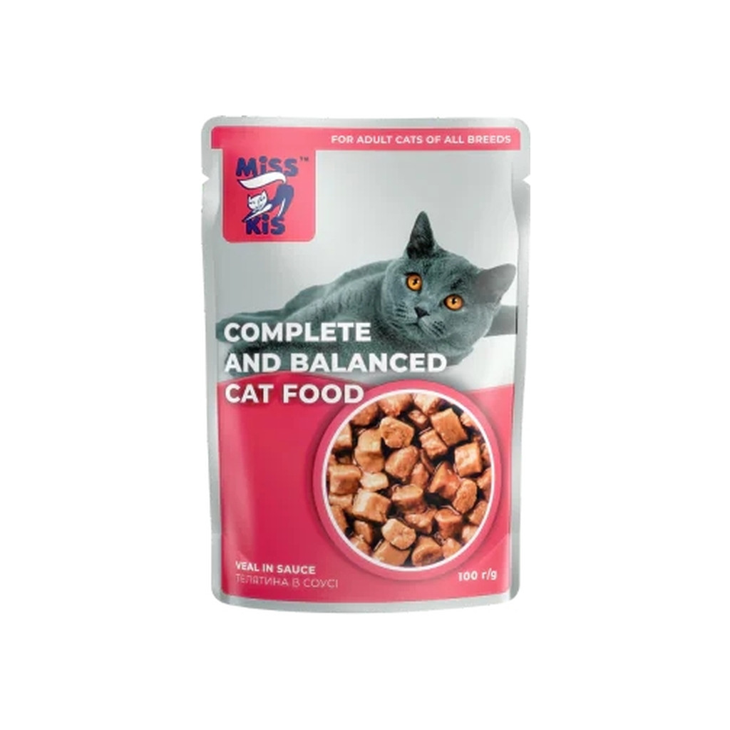 Вологий корм для кішок Mis Kiss з телятиною в соусі 100 г (4820164440155/4820111141449) Вологий корм для кішок Mis Kiss з телятиною в соусі 100 г (4820164440155/4820111141449)