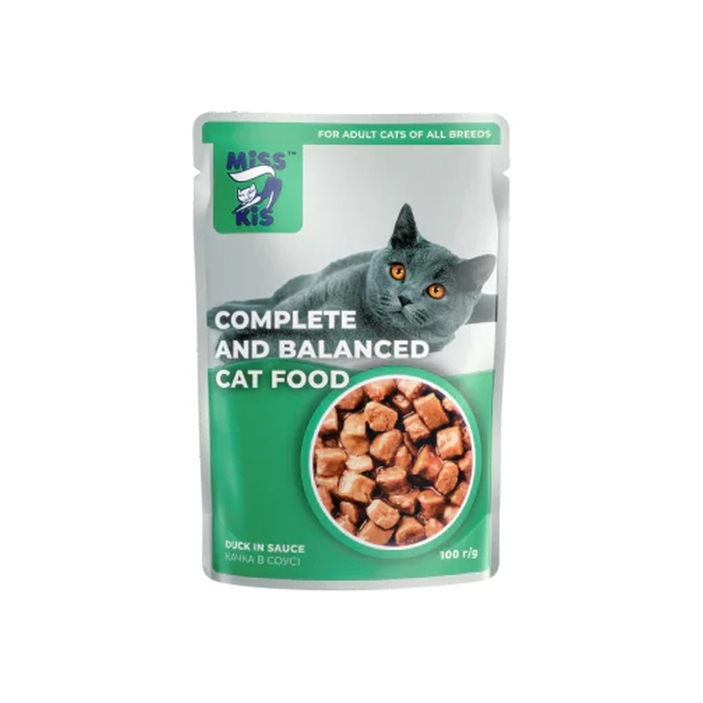 Вологий корм для кішок Mis Kiss з качкою в соусі 100 г (4820164440193/4820111141470) Вологий корм для кішок Mis Kiss з качкою в соусі 100 г (4820164440193/4820111141470)