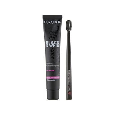 Набір косметики Curaprox Black is White Зубна паста з активованим вугіллям 90 мл + Зубна щітка CS 5460 чорного кольору (7612412423686) - фото 1