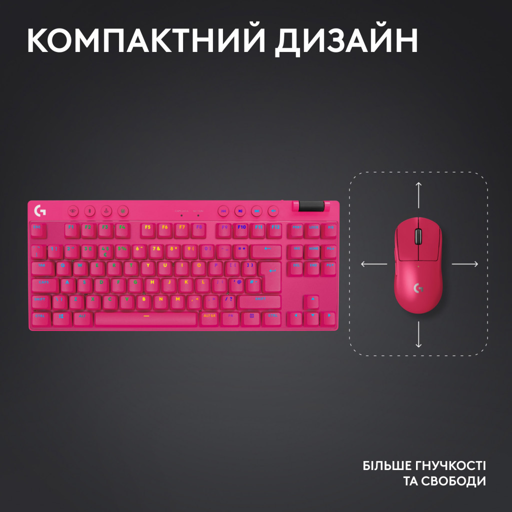 Клавіатура Logitech G PRO X TKL Lightspeed Tactile USB UA Magenta (920-012159) - фото 8 Клавіатура Logitech G PRO X TKL Lightspeed Tactile USB UA Magenta (920-012159) - фото 8
