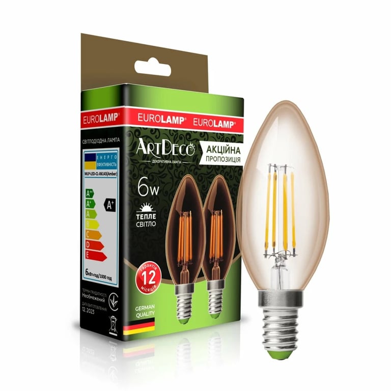Лампочка Eurolamp LED CL 6W 620 Lm E14 3000K deco 2шт (MLP-LED-CL-06143(Amber)) - фото 1
