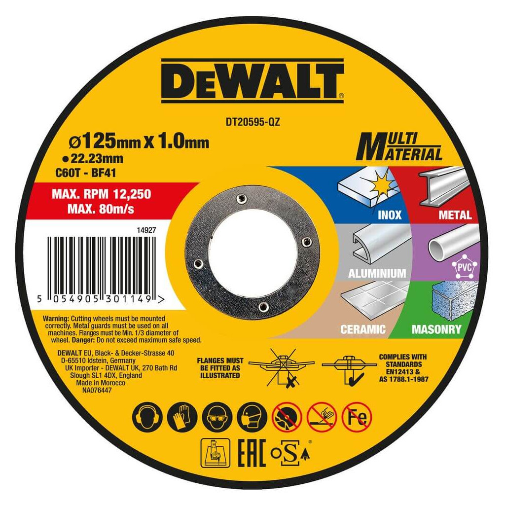 Круг відрізний DeWALT MULTI-MATERIAL, 125x1x22,23мм (DT20595) Круг відрізний DeWALT MULTI-MATERIAL, 125x1x22,23мм (DT20595)