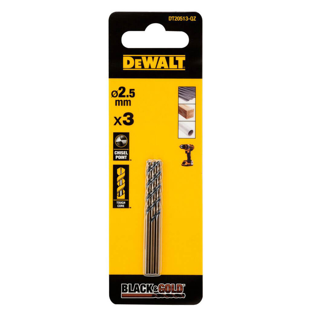 Свердло DeWALT по металу Black & Gold, HSS-G, 2.5 х 57 х 30 мм, 3 шт. (DT20513) - фото 1