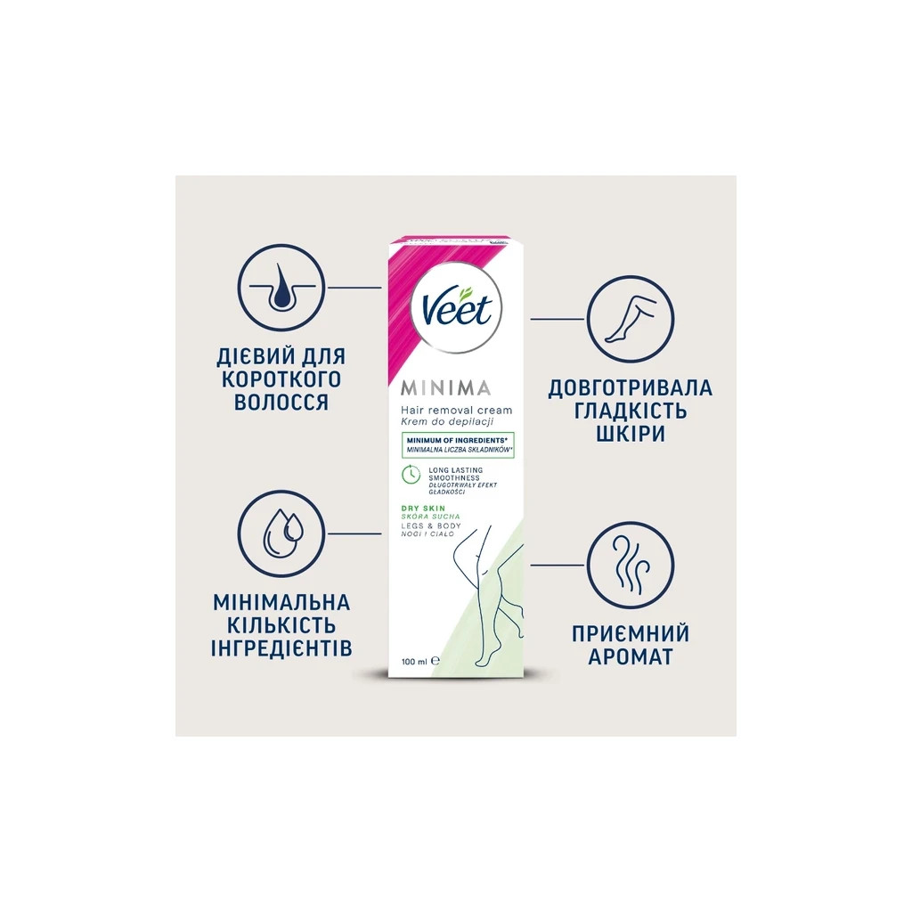 Крем для депіляції Veet Minima для сухої шкіри з Екстрактом огірка та Листям шавлії 100 мл (5000146980339) - фото 2 Крем для депіляції Veet Minima для сухої шкіри з Екстрактом огірка та Листям шавлії 100 мл (5000146980339) - фото 2