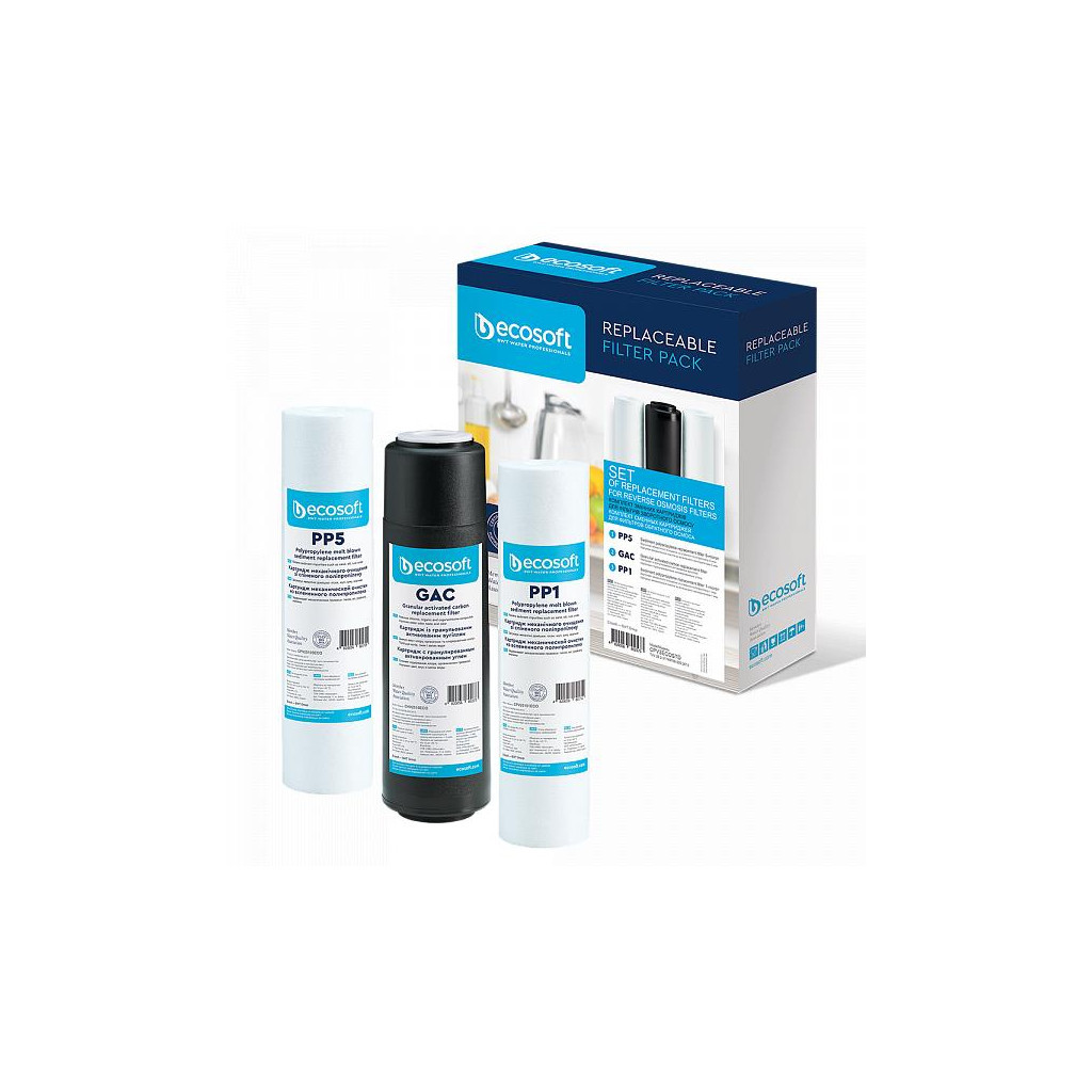 Картридж для фільтра глечика Ecosoft Комплект картриджів Ecosoft 1-2-3 Standart (2 поліпропілену+вугі (CPV3ECOSTD) - фото 1