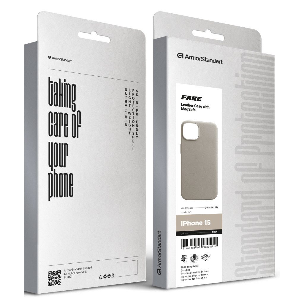 Чохол до мобільного телефона Armorstandart FAKE Leather Case Apple iPhone 15 Grey (ARM76289) - фото 5 Чохол до мобільного телефона Armorstandart FAKE Leather Case Apple iPhone 15 Grey (ARM76289) - фото 5