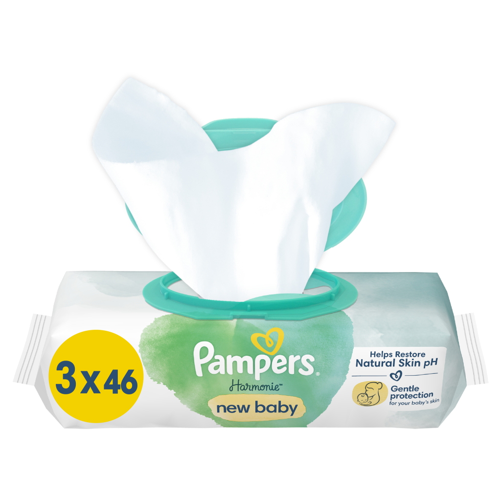 Дитячі вологі серветки Pampers Harmonie New baby 3 пачки х 46 шт (8700216201025) - фото 1 Дитячі вологі серветки Pampers Harmonie New baby 3 пачки х 46 шт (8700216201025) - фото 1