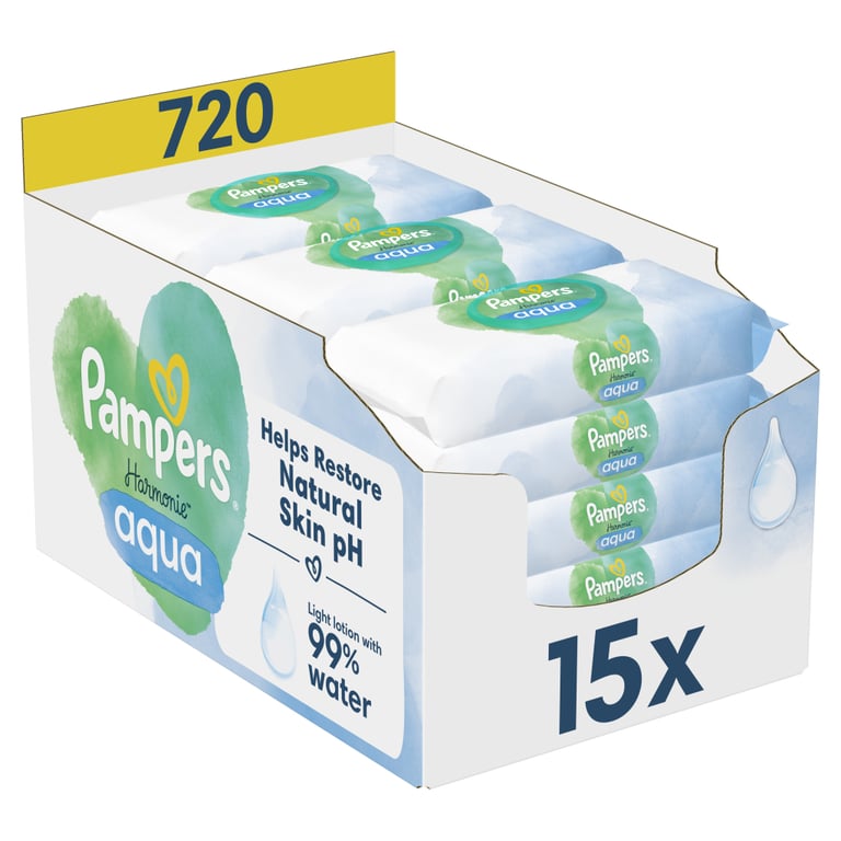 Дитячі вологі серветки Pampers Harmonie Aqua 15 пачок x 48 шт (8006540510247) - фото 1