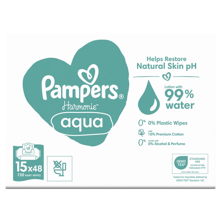 Дитячі вологі серветки Pampers Harmonie Aqua 15 пачок x 48 шт (8006540510247) - фото 2