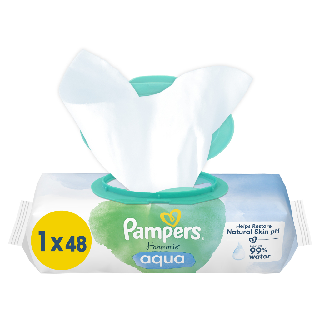 Дитячі вологі серветки Pampers Harmonie Aqua 48 шт (8006540458563) - фото 1 Дитячі вологі серветки Pampers Harmonie Aqua 48 шт (8006540458563) - фото 1