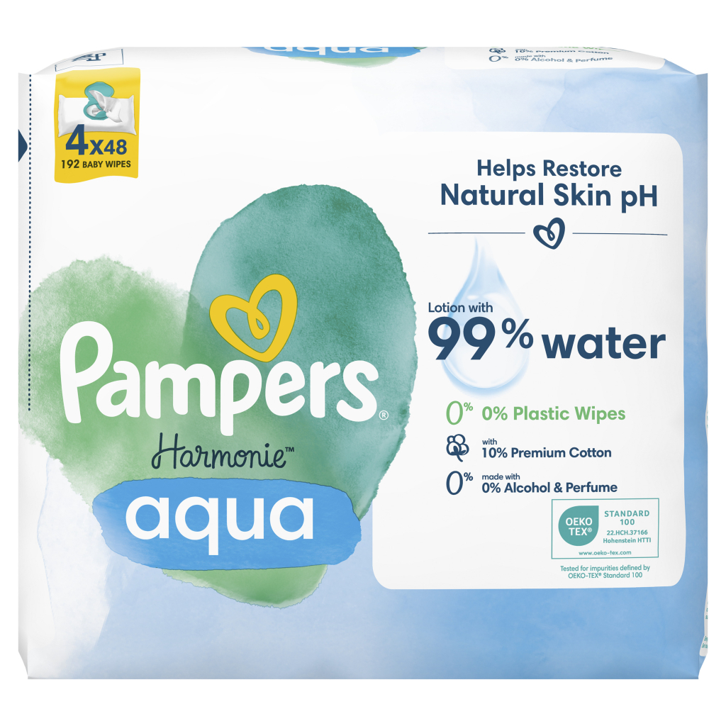 Дитячі вологі серветки Pampers Harmonie Aqua 4 пачки х 48 шт (8006540556139) - фото 2 Дитячі вологі серветки Pampers Harmonie Aqua 4 пачки х 48 шт (8006540556139) - фото 2
