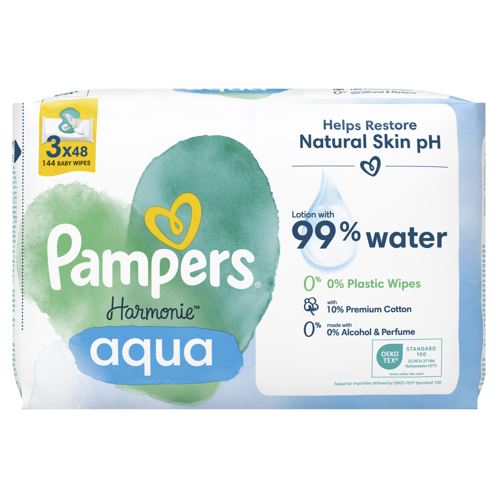 Дитячі вологі серветки Pampers Harmonie Aqua 3 пачки х 48 шт (8006540458525) - фото 2 Дитячі вологі серветки Pampers Harmonie Aqua 3 пачки х 48 шт (8006540458525) - фото 2