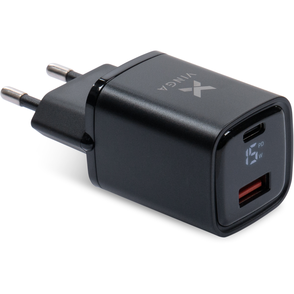 Зарядний пристрій Vinga USB-C PD30W + USB-A QC30W Display 33W Max (VCR30ACDB) - фото 1