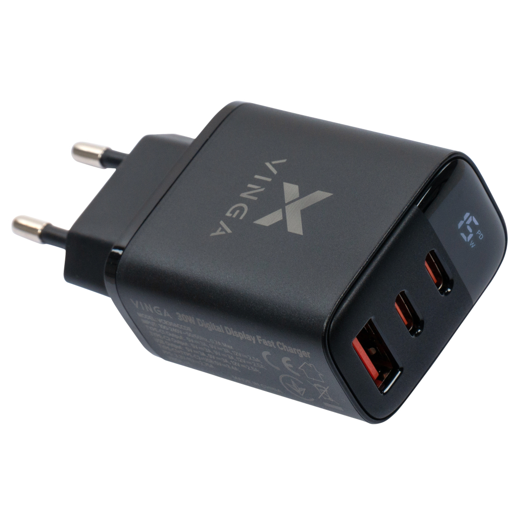 Зарядний пристрій Vinga 2xUSB-C PD30W + USB-A QC30W Display 30W Max (VCR30ACCDB) - фото 6 Зарядний пристрій Vinga 2xUSB-C PD30W + USB-A QC30W Display 30W Max (VCR30ACCDB) - фото 6