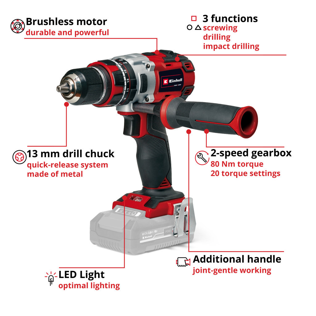 Шуруповерт Einhell TP-CD 18/80 Li-i BL - Solo, PXC 18В, 80Нм (без АКБ та ЗП) (4514305) - фото 5 Шуруповерт Einhell TP-CD 18/80 Li-i BL - Solo, PXC 18В, 80Нм (без АКБ та ЗП) (4514305) - фото 5